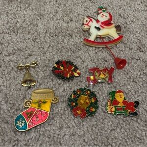 Vintage Christmas Brooch Pin Set with Gold and White Accents
